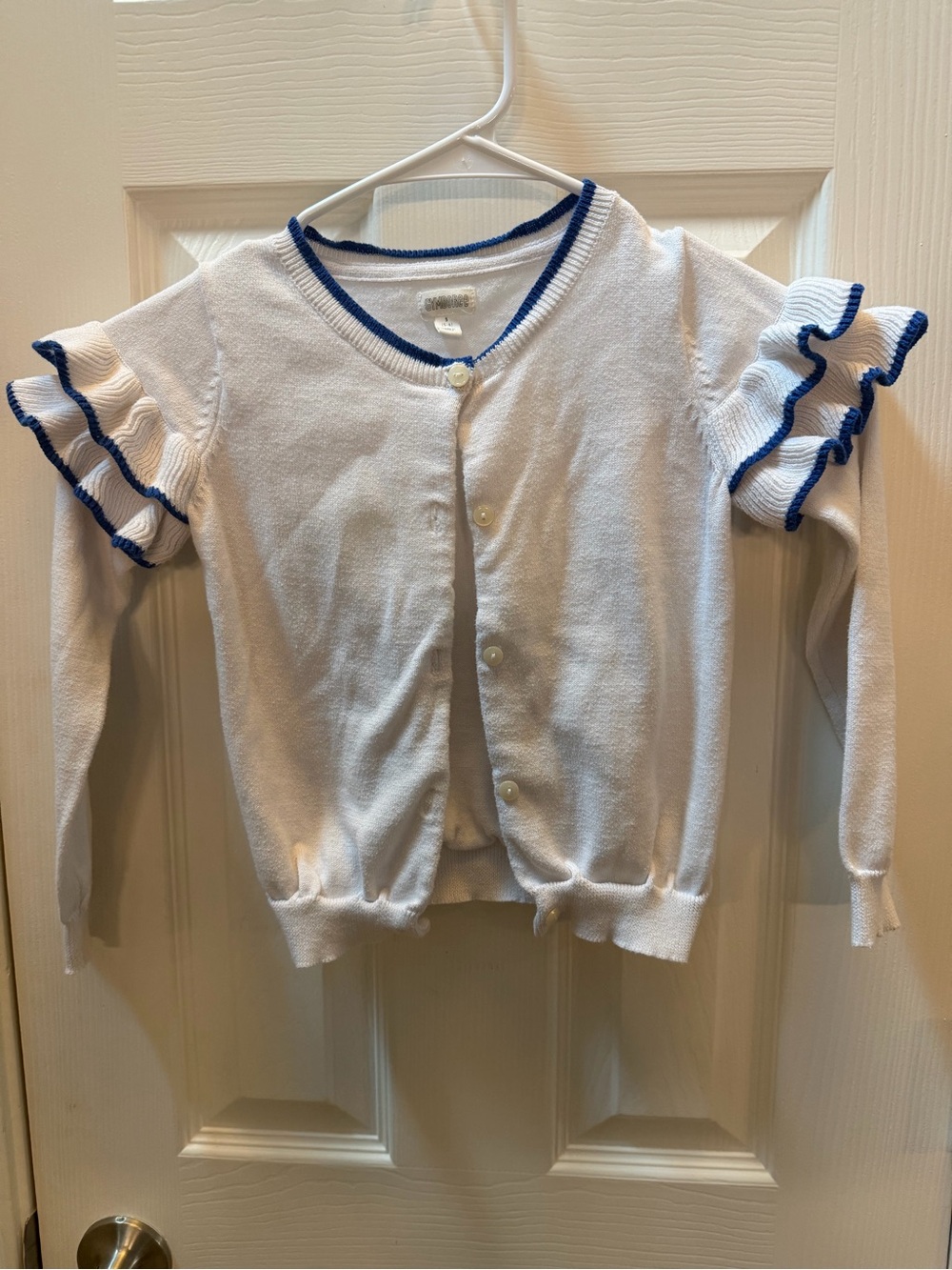 Gymboree White Cardigan with Blue Trim and Ruffle Sleeves size 5